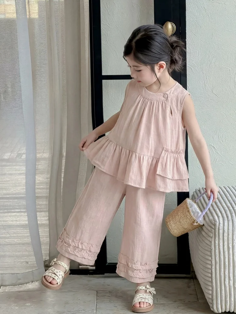 girls-summer-outfit-sleeveless-doll-shirt-set-pure-color-two-piece-set-children's-pants-korean-style-fashionable-and-cute