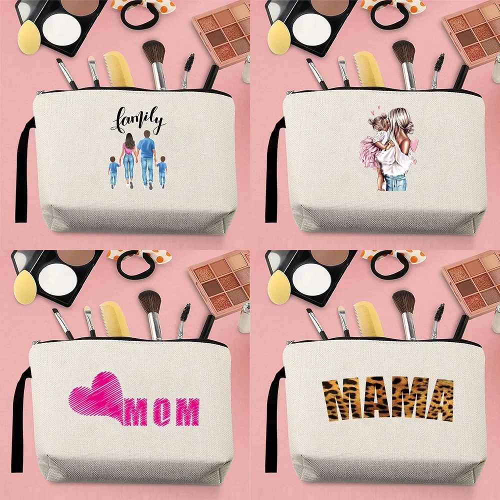 2026 Hot Sale Small Makeup Storage Bag Women Toiletries Canvas Sweet Mom Pattern Printed Carrying Rope Beige Change Pencil Case