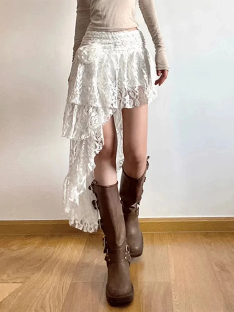 

France Elegant Irregular Lace Skirts Women Vintage Y2k Flower A Word Mini Skirt Female Hot Chick Slim Elastic Waist Long Dress