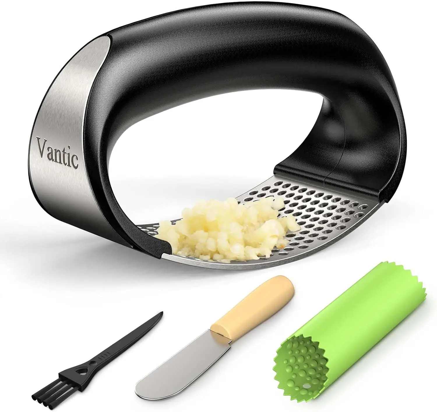 

Garlic Press Rocker - Stainless Steel Garlic Crusher, Mincer and Chopper with Peeler & Scraper, Easy Kitchen Gadget for