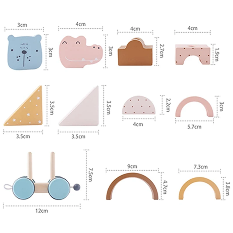 Conjunto de trem de madeira Montessori, desenhos animados para bebês, blocos de construção de carrinho de animais ao redor de contas para empilhar brinquedos de mão para decoração de quarto de bebê presente