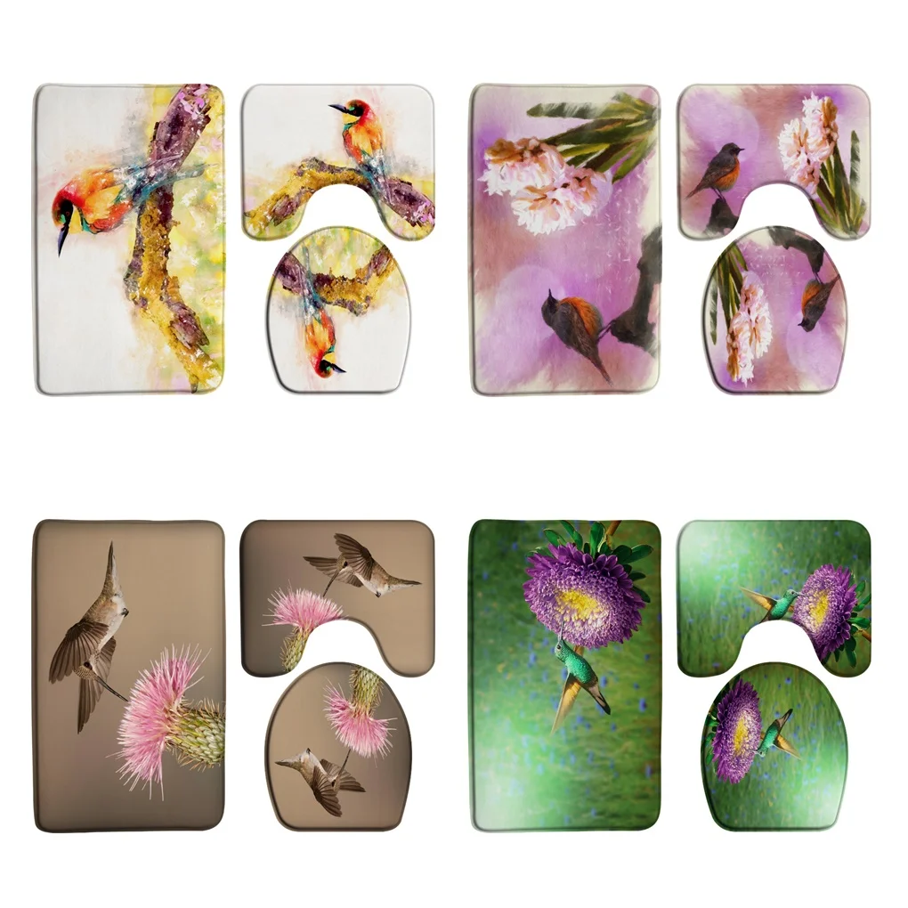 

Watercolor Bird Flower Bathroom Rug Set Hummingbird Non-Slip Bath Mat Carpet Toilet Lid Cover Kitchen Room Flannel Floor Doormat