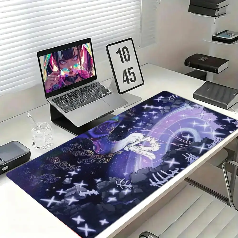 XXL Nebula Fluid Art Desk Pad Anime Star Girl Bone Eye Pattern Non-Slip Rubber Overlock Keyboard Mouse Mats Pc Office Deskmat
