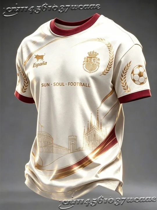 Retro Adult Spain Soccer Jersey Crew Neck Historic Building Print Red Gold Streamer Motifs 2026 Team Crest Fan Football Shirt