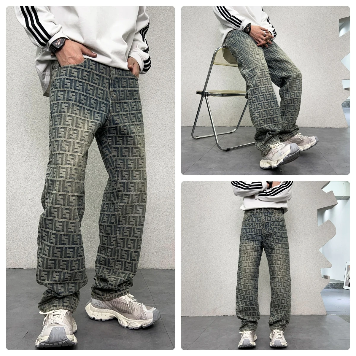 New Arrival Loose Straight Jeans with Retro Blue Letter Print for Men