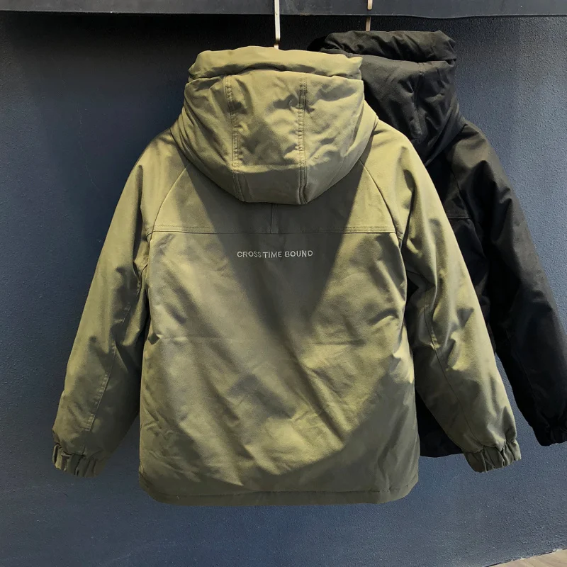 Winter new men's hooded stand up collar down jacket, fashionable workwear pocket, high-end casual simple outdoor clothes