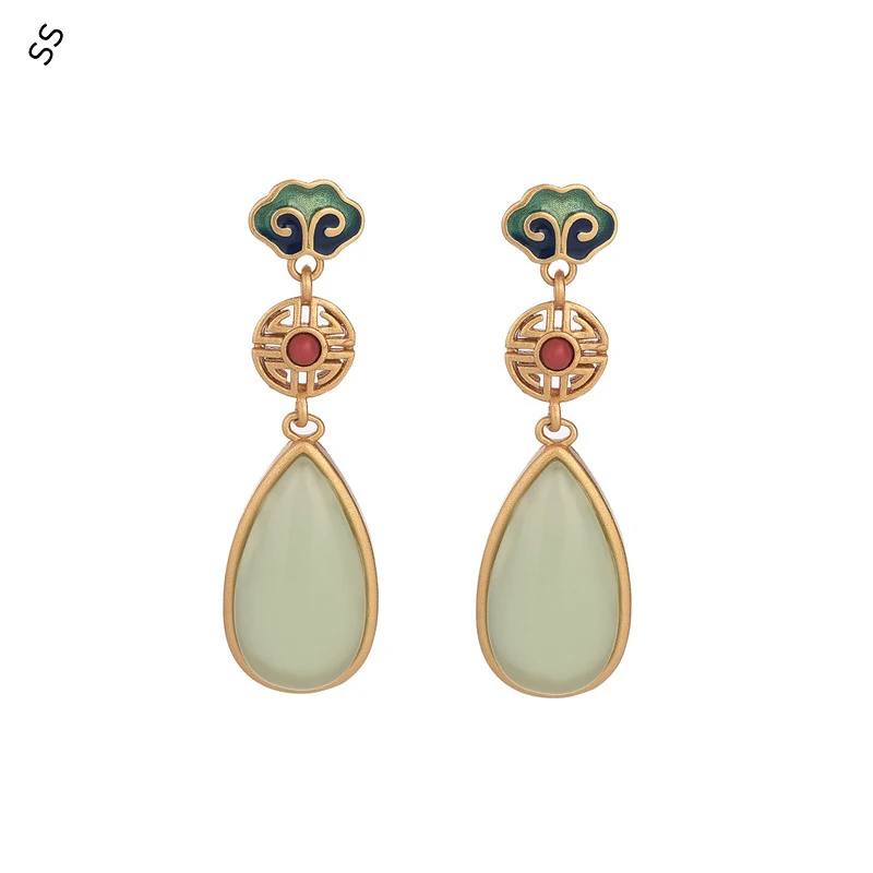 

Chinese Style Hanfu Cheongsam Accessories Drop Earrings with Painted Enamel Imitation Hetian Jade Ear-pins for Element Women