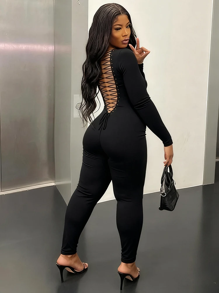 

Weird Puss Backless Shirring Jumpsuits Woman Fitness Skinny Activity Streetwear Stretch Hipster Full Sleeve Casual Fall Overalls