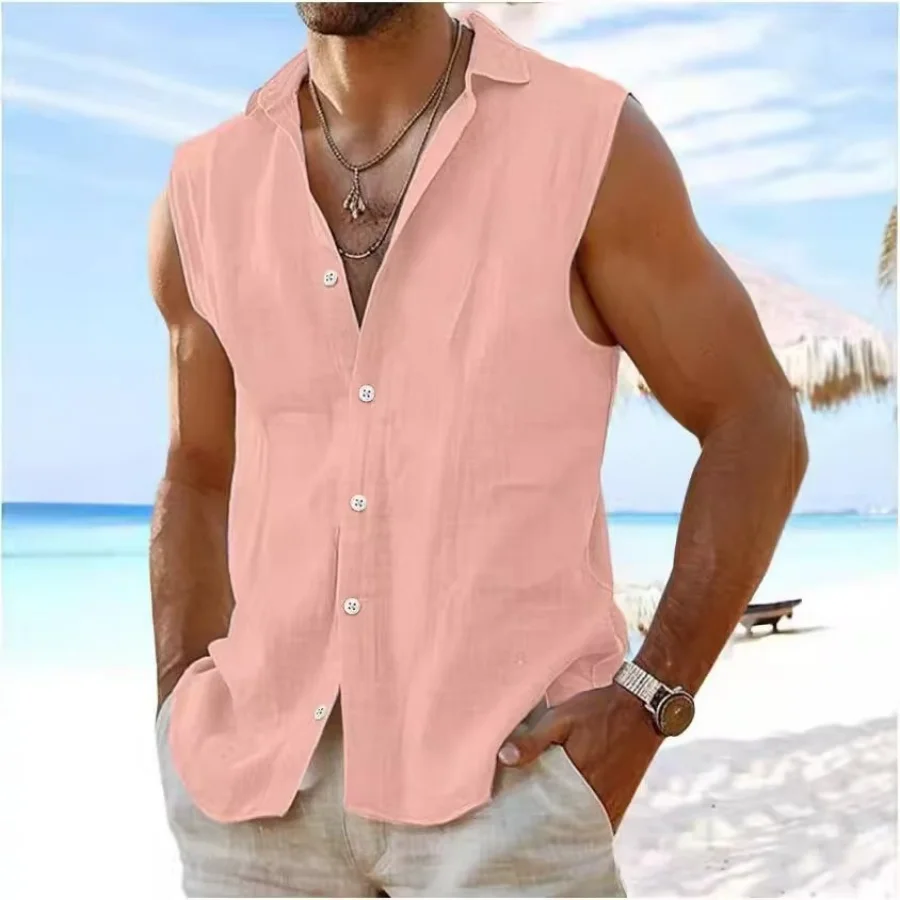 A New Summer Men's shirt with a Hawaiian beach style, solid-color cotton and linen comfortable lapel carshirt and sleeveless top