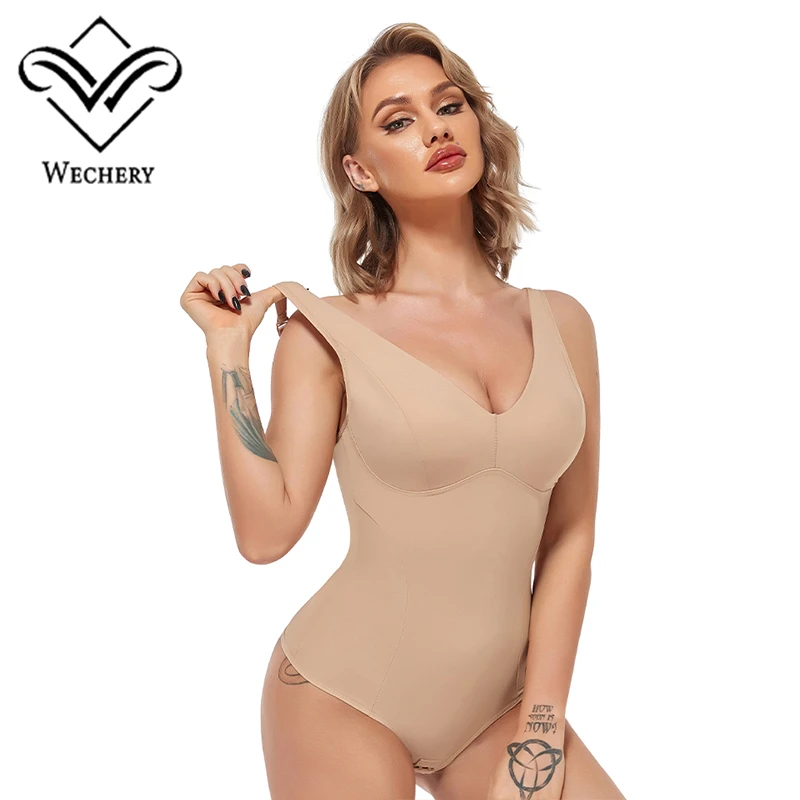 Wechery Women Chic Shapewear Bodysuit Sexy V-Neck Bodysuits With Removable Cup Body Shaper Skinny Black Slimming Underwear Bods