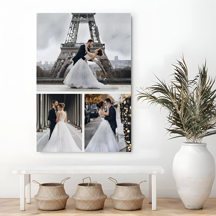 2D flat-1pc Framed Canvas Canvas Collage - Custom Multi-Image Wall Art with Eiffel Tower Wedding Scene, Personalized Photo Print for Bedroom, Living Room, or Hallway Decor, Ideal Gift for Home Decoration, Wall Decor-Wrapped Canvas view 3