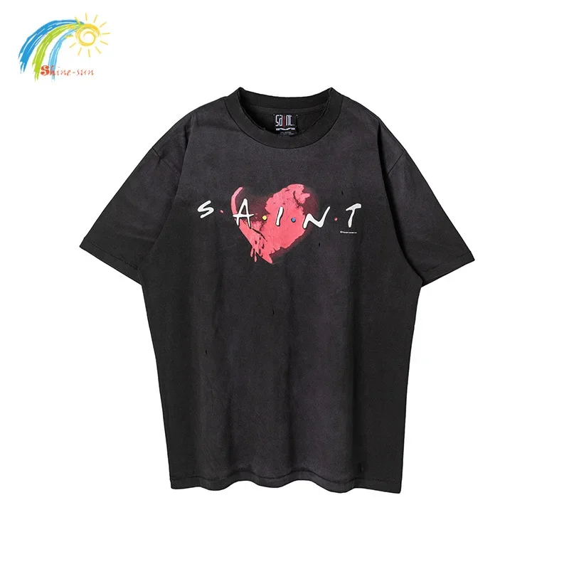 

Cracked Heart-Shaped Print Saint T Shirt Tee Men Women 1:1 Loose Vintage Washed Black T-Shirt Top 100% Cotton