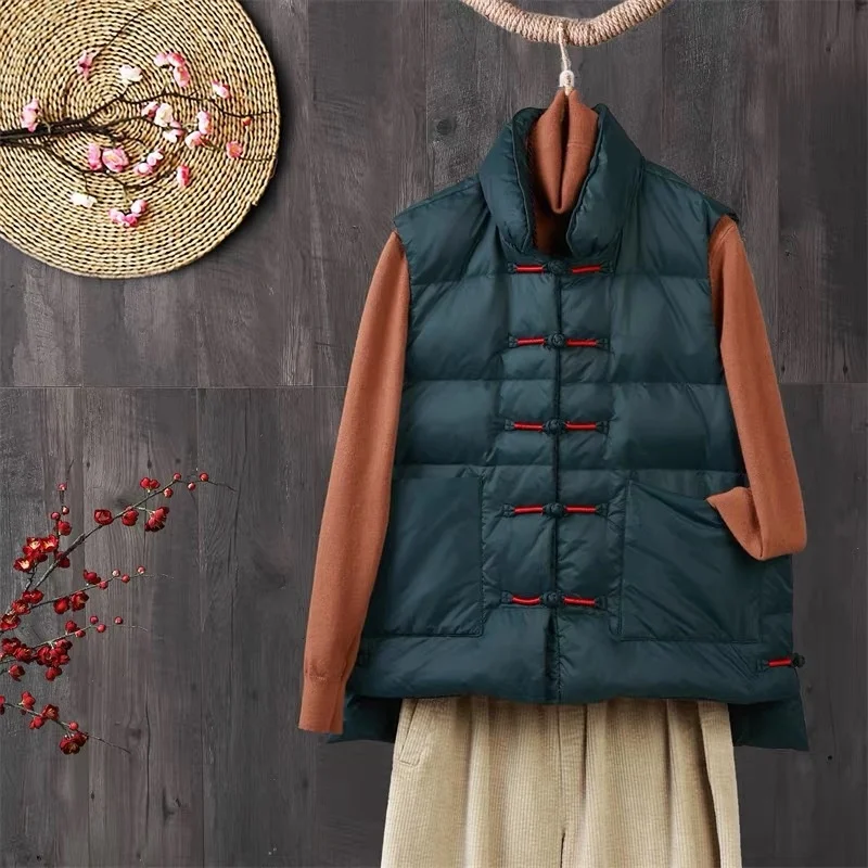 Chinese Style Winter Women Frog Sleeveless Down Waistcoat Parkas Warm Light White Duck Down Vest Coat Ladies Short Tank Jacket