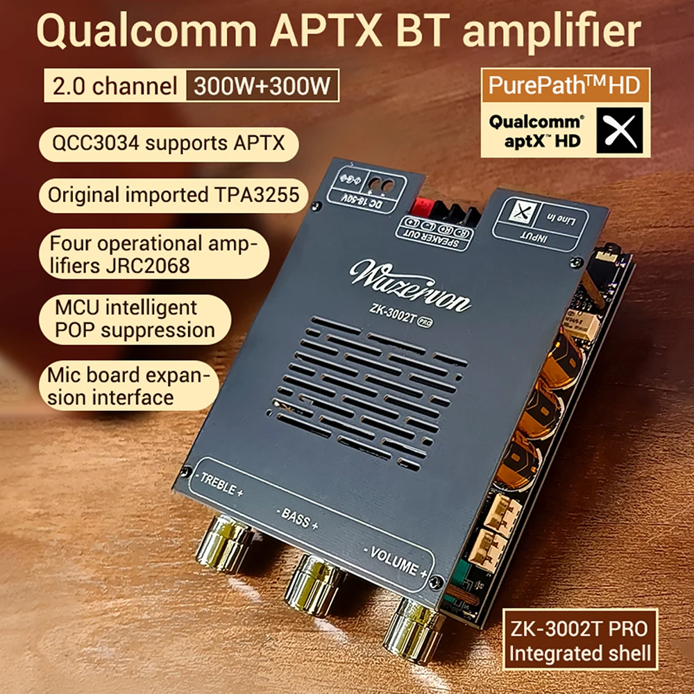 300W*2 QCC3034 Stereo Digital Amplifier Board High Power BTL 2.0 Channel APTX Lossless Audio Sound AMP for Home Theater