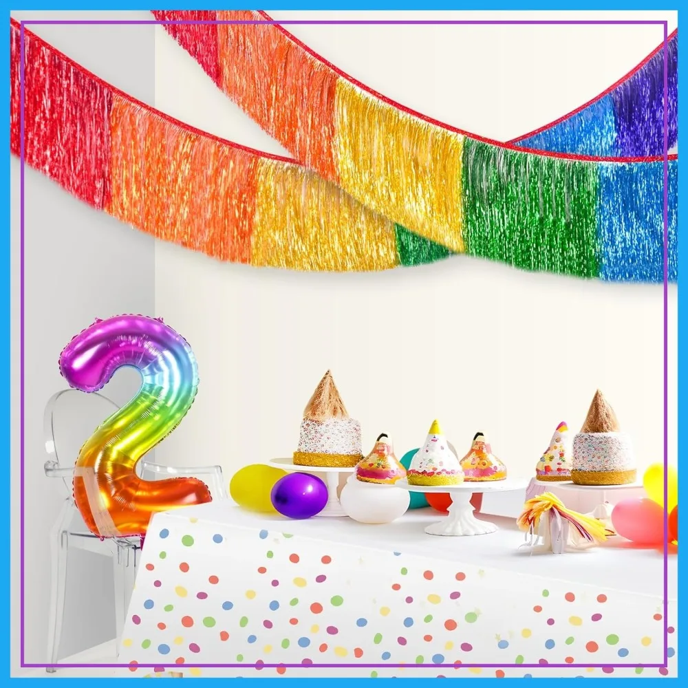 

6FT Rainbow Foil Fringe Garland Party Decorations, Metallic Glitter Banner for Birthday Wedding Pride Parade