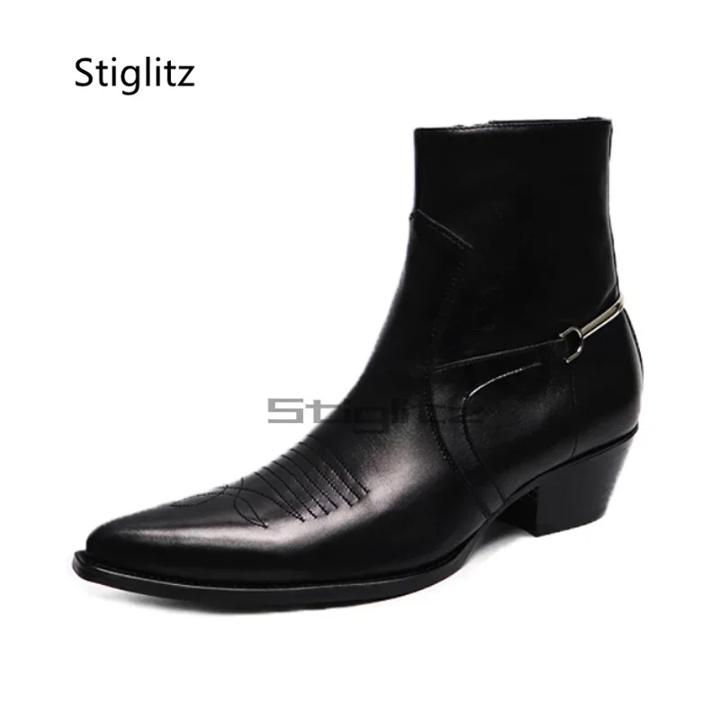 Men's Embroidery Totem High-Heeled Ankle Boots Pointed Toe Genuine Leather Chelsea Boots Stylish Motorcycle Boots Male Shoes