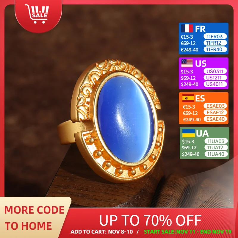 

Vintage Blue Cat Eye Rings Natural Stone For Woman Gold Color Trends 2025 Luxury Dubai Jewelry High Quality Oval Accessories