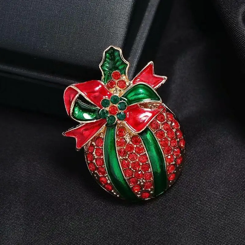 Christmas Rhinestone Brooch Glitter Red Green Enamel Bow Holly Ornament Elegant Holiday Decor for Women Blazer Family Gathering