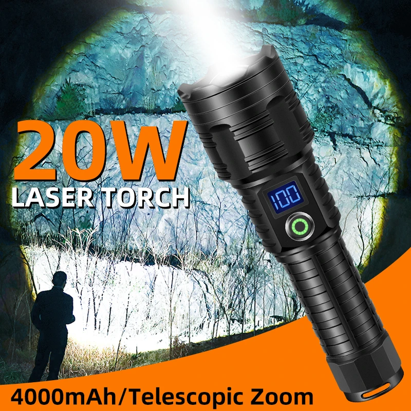 WEST BIKING 20W Flashlight Outdoor Torch White Laser LED 300M Long Range USB‑C Rechargeable Zoomable Emergency Flash Light