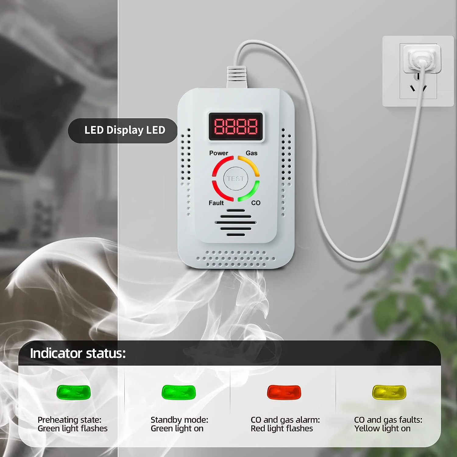 1PC 2 IN 1 Natural Gas Detector and Carbon Monoxide Detector Plug in Gas Leakage Detector for Home and Kitchen EU / US Plug