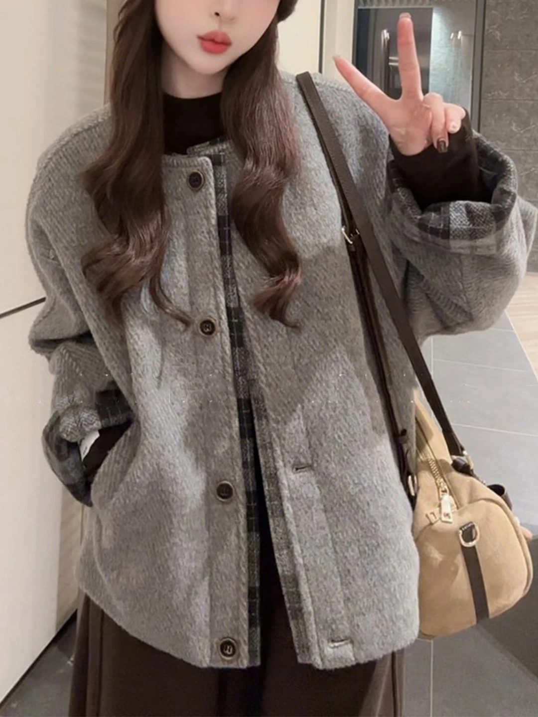 

Warm Thiened Cotton Jaet Women's Autumn Winter Lazy Sle Loose Single Button Plaid Design Breathable Comfortable Outerwear