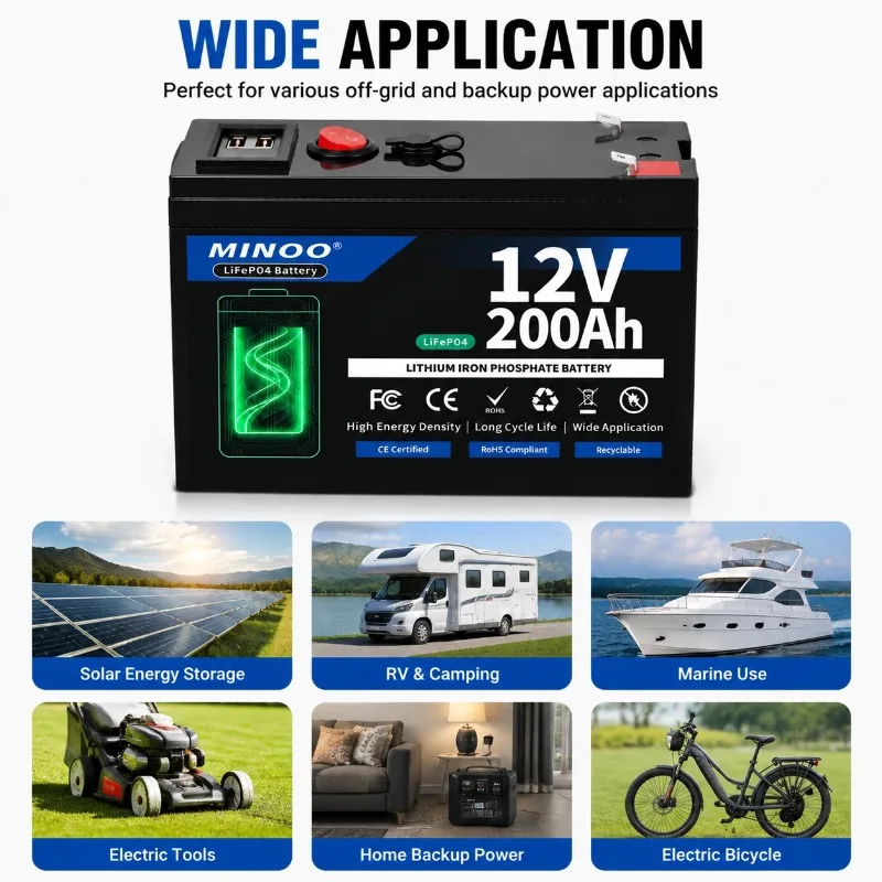 12V 200Ah LiFePO4 Solar Battery Deep Cycle Rechargeable Built-in BMS Lithium 200000mAh for Power Wheels Scooters Fish Finder