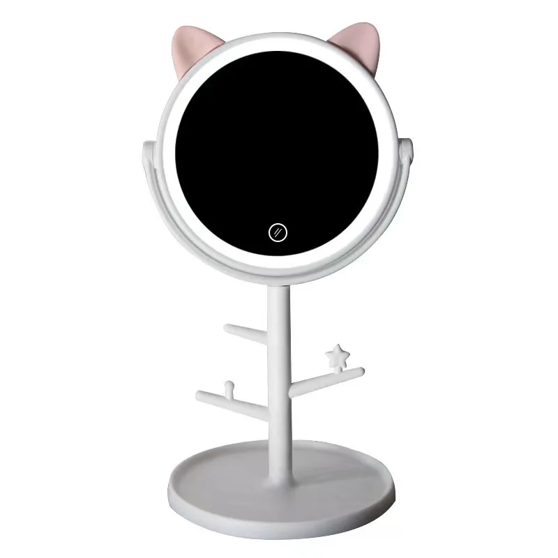 

3 Colours Adjustable LED Mirror Table Desktop Countertop Base Travel Ordinary Pink Cat ear LED Mirror With USB Cable Battery