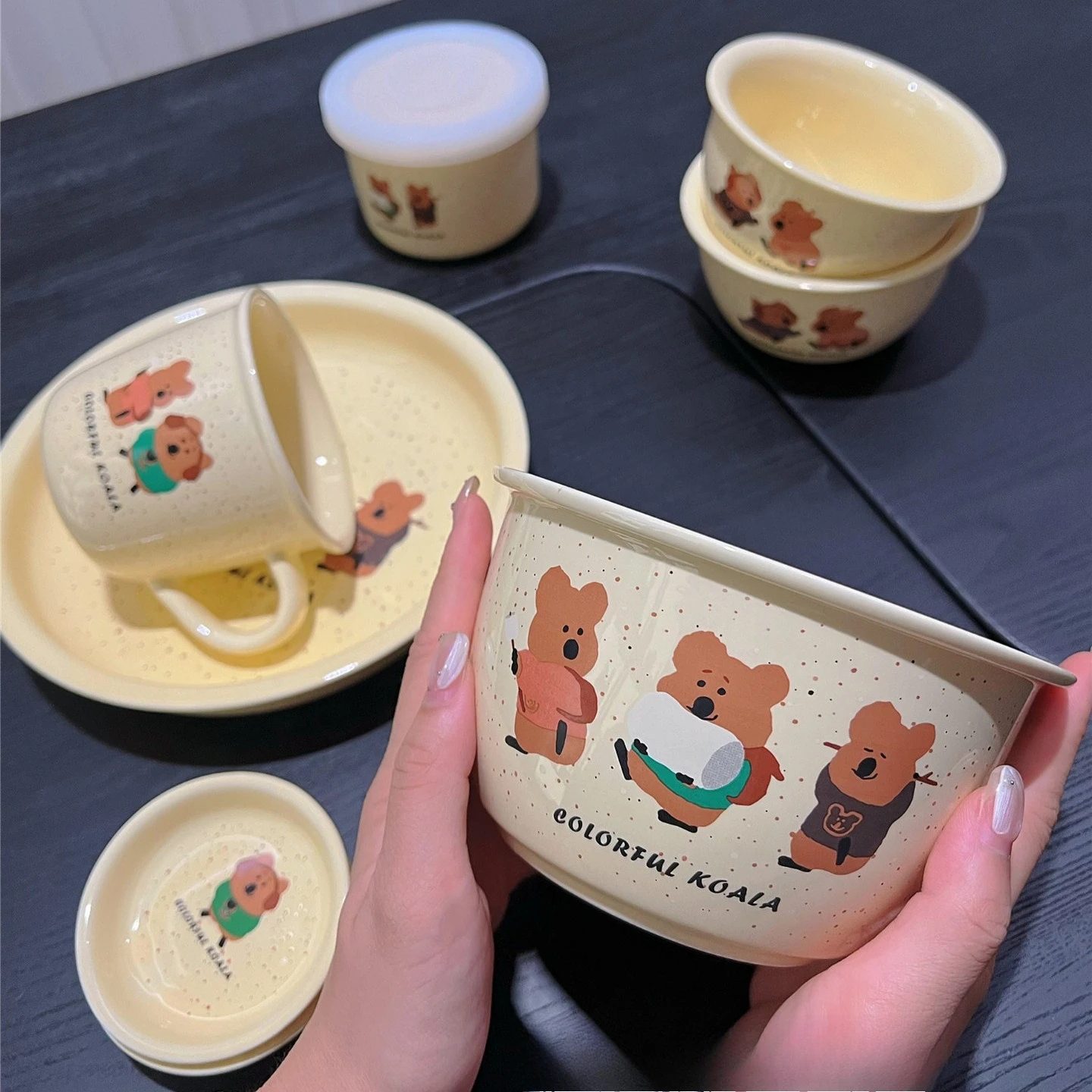 Creamy Koala Series Ceramic Tableware Set Cute One Person Breakfast Set with Ceramic Bowls Dinner Plates Mug for Home Daily Use