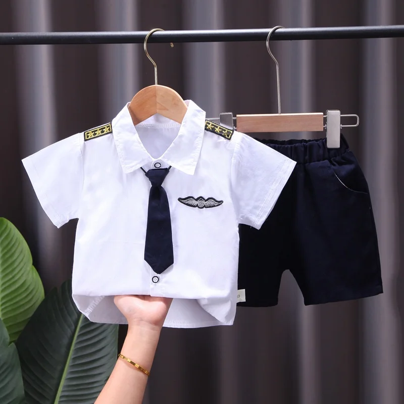 Disfraz de piloto para bebé, uniforme de piloto para niño, Conjunto de camiseta Polo con pantalones cortos con corbata, traje temático de cumpleaños