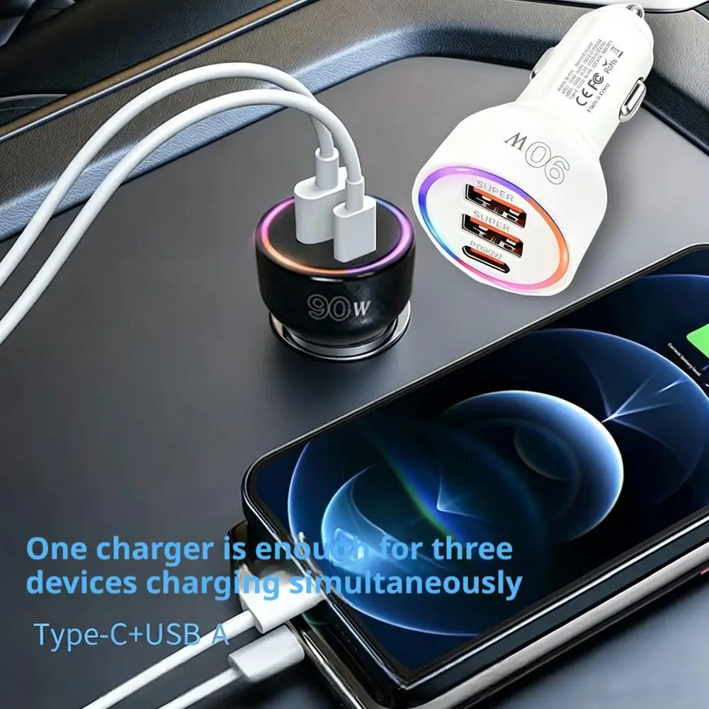 New Car Charger 90W 3-in-1 Fast Charging With Rainbow Ambient QC+PD 30W Super Fast Charging Flash Charging