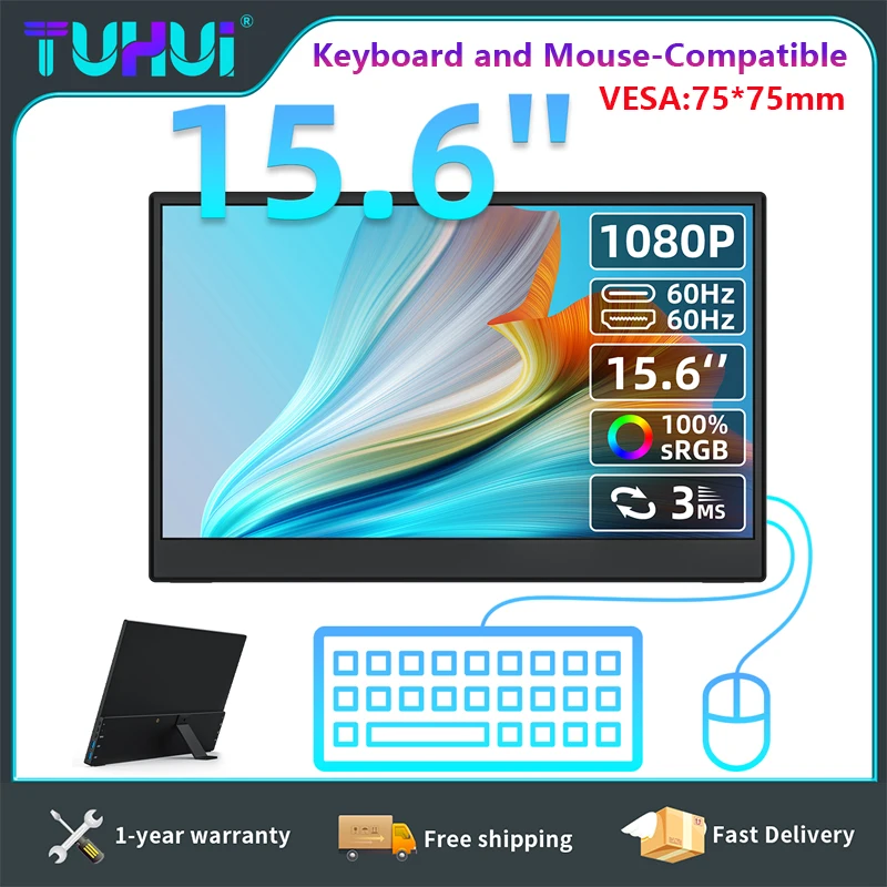 TUHUI-Monitor portátil de 15,6 pulgadas, teclado y ratón, pantalla para juegos VESA Compatible con 60HZ, 1080P, FHD, IPS, para teléfono móvil, PC y portátil