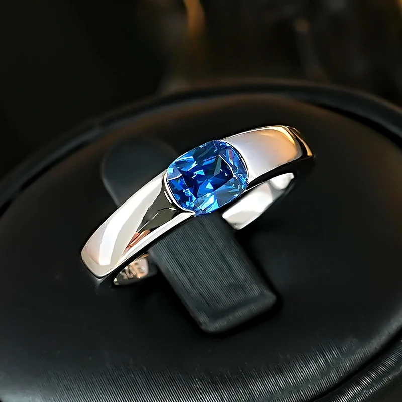 New Sapphire Couple Ring 925 Sterling Silver Color Plain Face Ring Index Finger Cold Style Men's Ring Wedding Jewelry