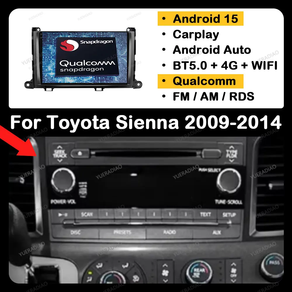 

Android 15 Car Radio For Toyota Sienna 2009 - 2014 Multimedia Video Player 4G WIFI QLED Head Unit GPS NAVI BT Qualcomm 2DIN