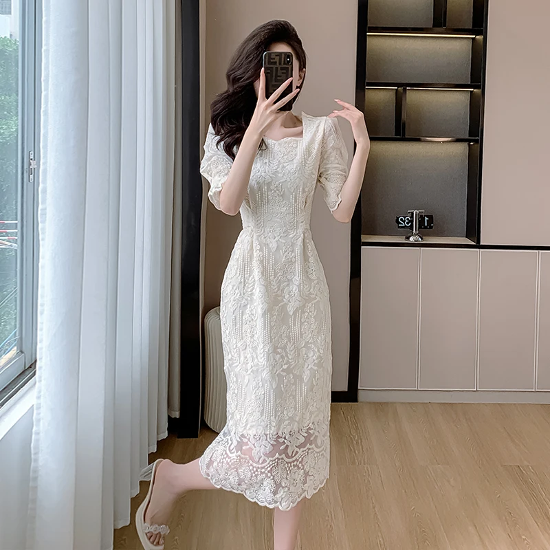 Ele Mid-Length ort-Sve Embroidered Lace Dr Waist-Cinching Girl's Dr Commute Sle Polyester Fiber Summer Dr