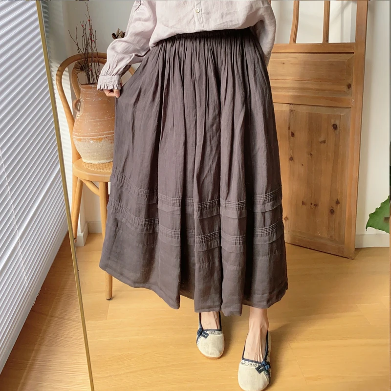 Johnature Vintage New Ramie Patchwork A-Line Women Skirts 2024 Spring Mori Elastic Waist Solid Color Female Skirts