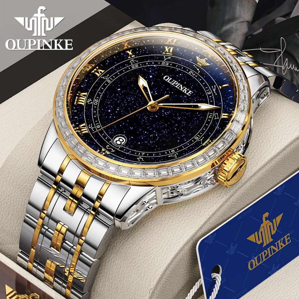 OUPINKE 3203 Full Diamond Men's Watch Stainless steel Strap Starry Sky Dial Auto Date Automatic Mechanical Man Watches