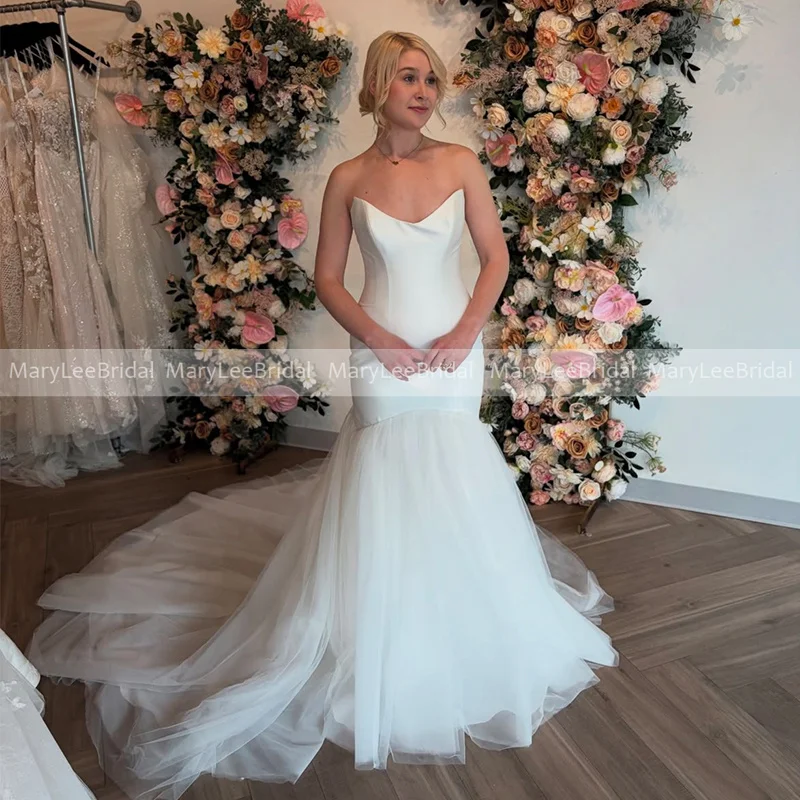 

Свадебное платье-русалка на заказ: простое атласное лифо-боди, тюлевая юбка, заниженная талия, женское свадебное платье для сада, vestidos Robe De Mariee