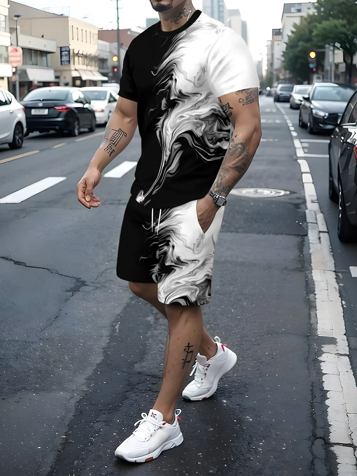 Men's Summer New Arrivals Trendy Letter Print Set Comfortable Breathable Crew Neck T-Shirt and Shorts Set Outdoor Casual Wear