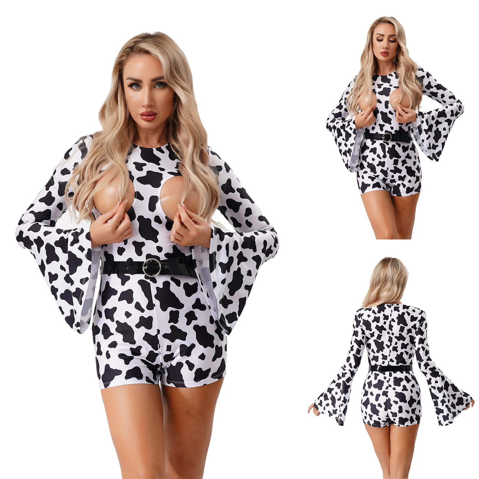 

Adults Women Cow Print Nightwear Breast Exposed Long Sleeve Jumpsuit And Matches Waist Belt for Lingerie Tempting Role Play Wear