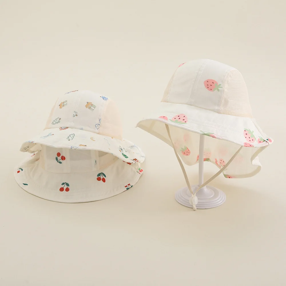 Summer Baby Beach Hat Outdoor Breathable Mesh Sun Visor Cap for Kids Boy Girl Cute Print Neck Protection Shawl Hats