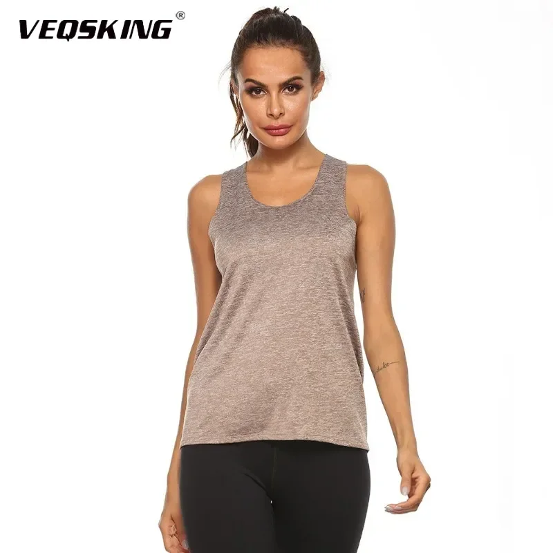 VEQSKING Plus Size Yoga Top Women Quick Dry GymTank Top Running Sports Vest Sleeveless Fitness Crop Top Workout Racer Back Shirt