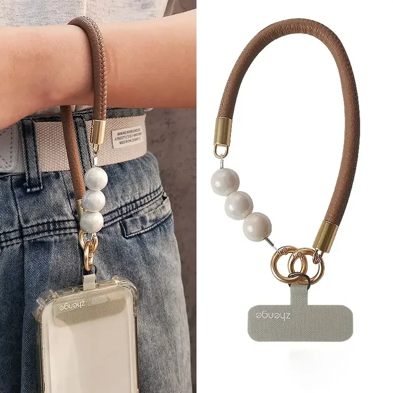 

Niche Designer Style Leather Braided Phone Strap Pearl Beaded Wrist Lanyard Aesthetic Accessories Anti-lost Mobile Chain Gift