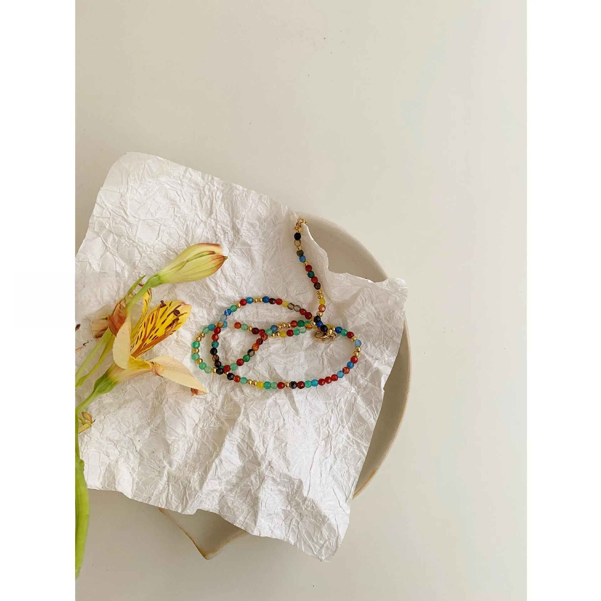 Colorful Agate Stone Beaded Necklace for Women's Natural Stone Titanium Steel Lock Bone Chain