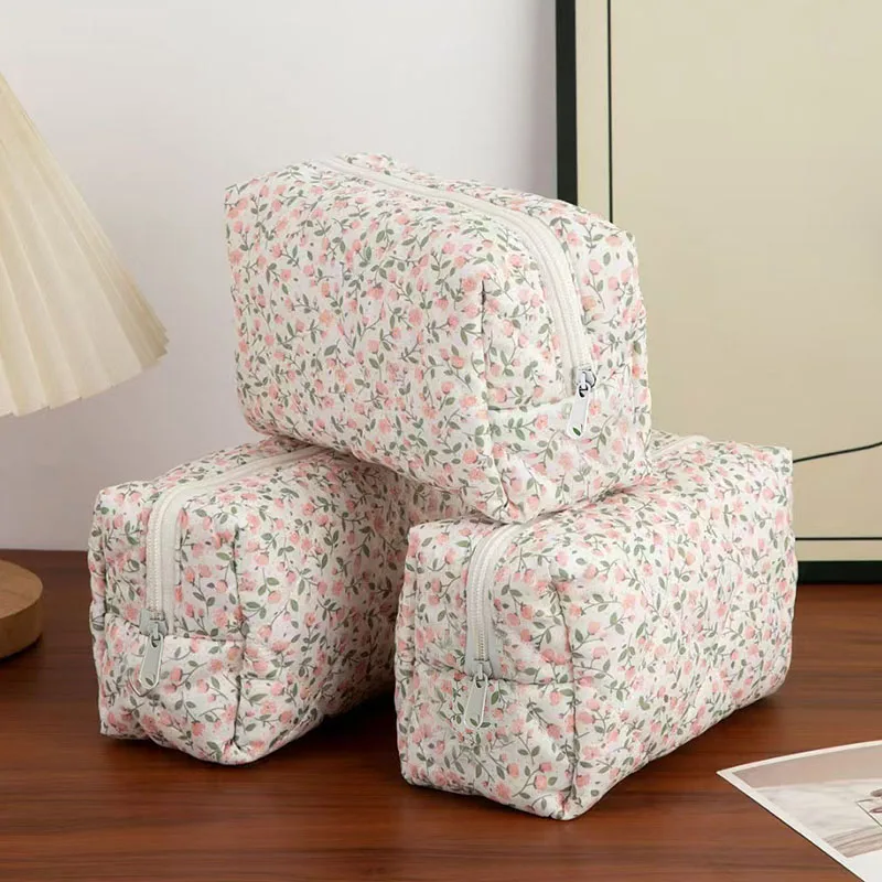 Pink Flower Printed Puffy Quilted Zipper Makeup Bag Storage Organizer Toiletry Handbag Cosmetic Pouch Large Travel Cosmetic Bag