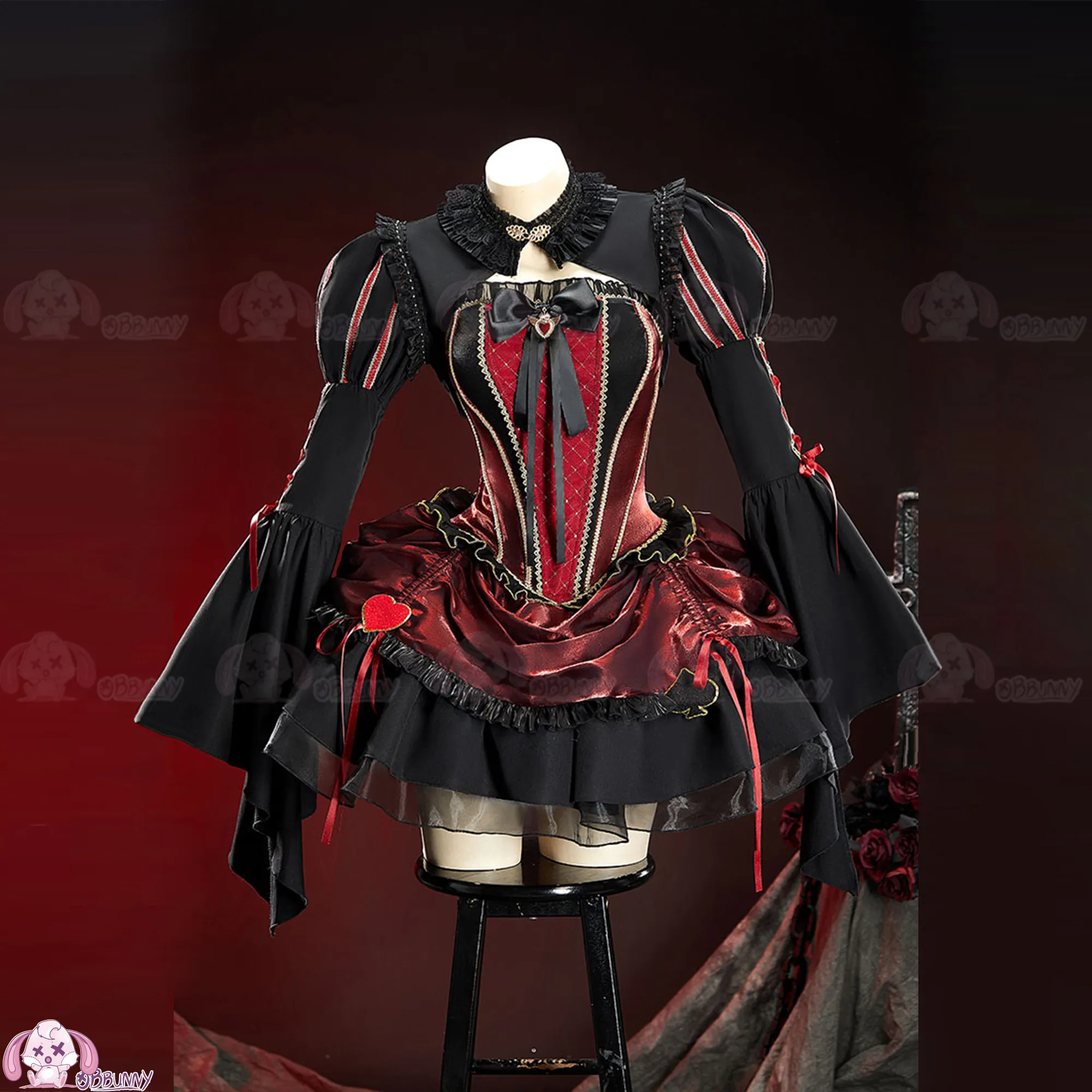 

Queen of Hearts Gothic Lolita Dress Black Red Rococo Court Style Corset Costume for Halloween