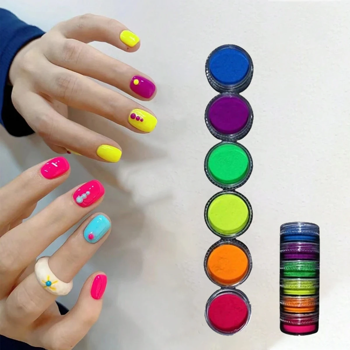 1 セット 6 色蛍光マニキュアグリッターパウダーネオンクリスタルパウダーアクリルキット光沢のあるブラシクロームネイルアート作成ツール