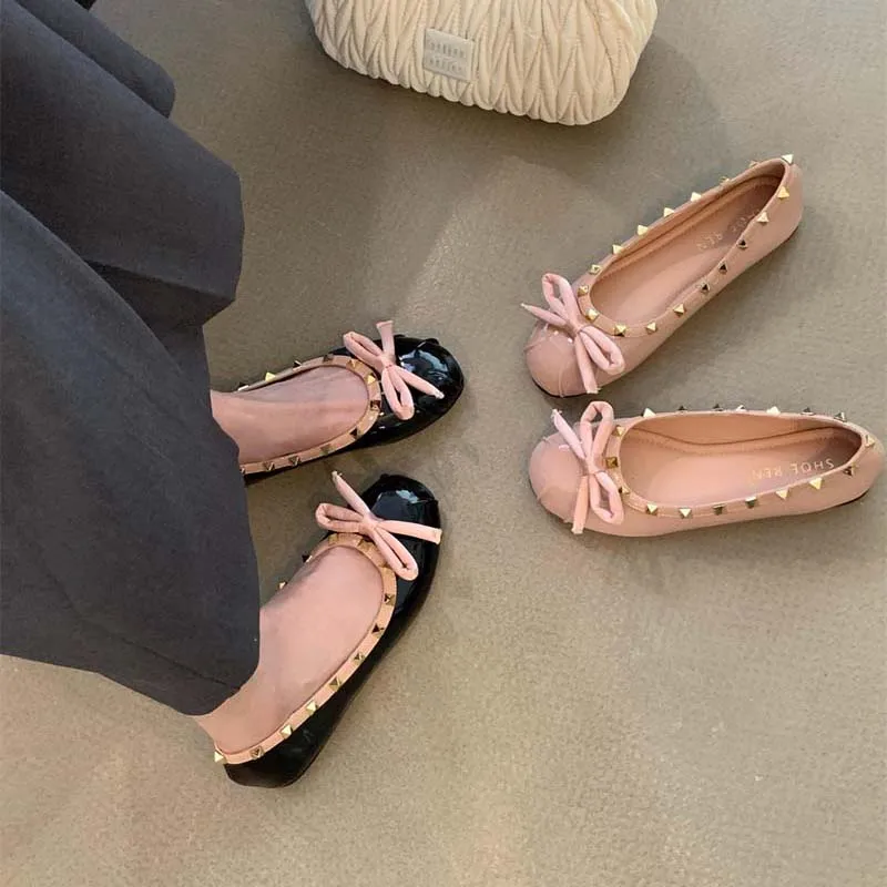 Flats Shoes Women Bowtie Rivet Pink Ballet Flat Round Toe Ballet Shoes Casual Ladies Soft Loafers Black Zapatos Mujer