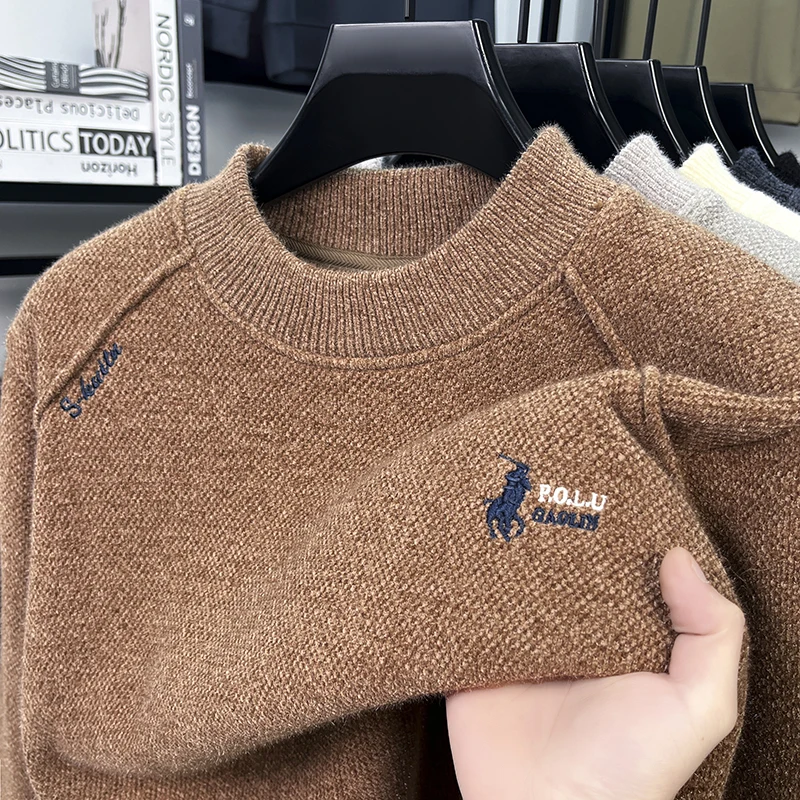 Mid Neck Sweater for Men, Winter with Added Velvet and Thick Knit, Mature and Stable, Embroidered Warm Base Shirt for Men