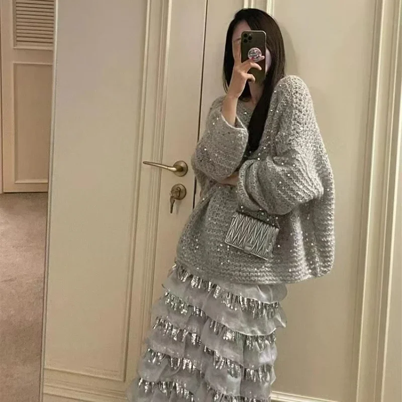 Vintage Sequined Women\'s Wool Sweaters Elegant Long Sleeve Loose Cashmere Jumper Female Oversized Loose Knitted Pullover