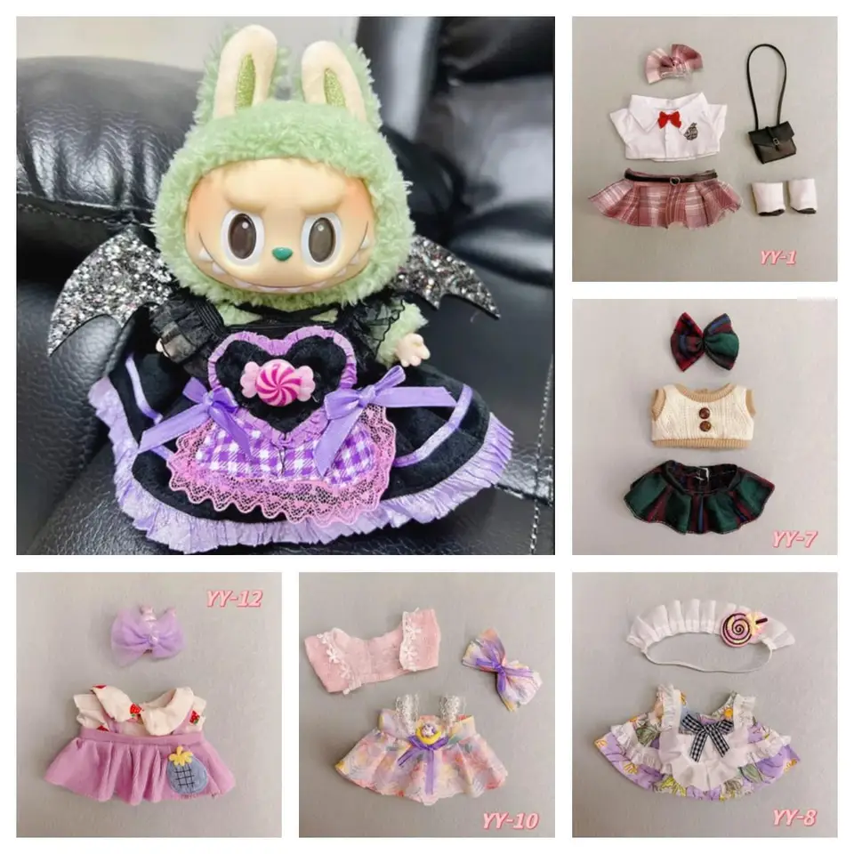 3PCS Accessoires Pour Poupées Labubu - Vêtements + Chapeau + Sac à Dos Appareil Photo Pour Peluche 17cm